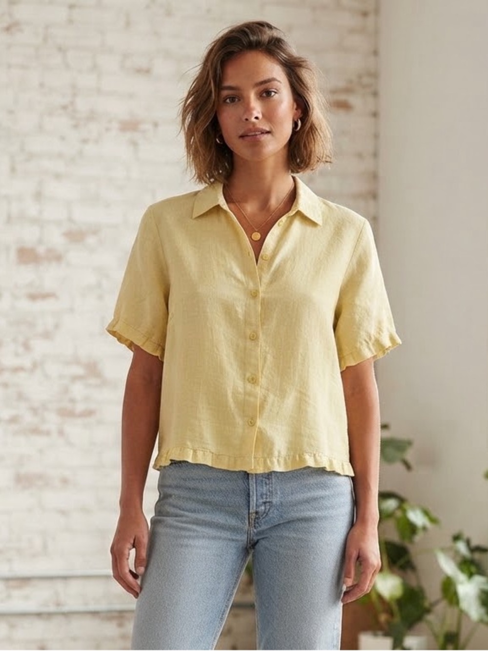 EILEEN Fisher Vintage Yellow Linen Button-Front Short Sleeve Top